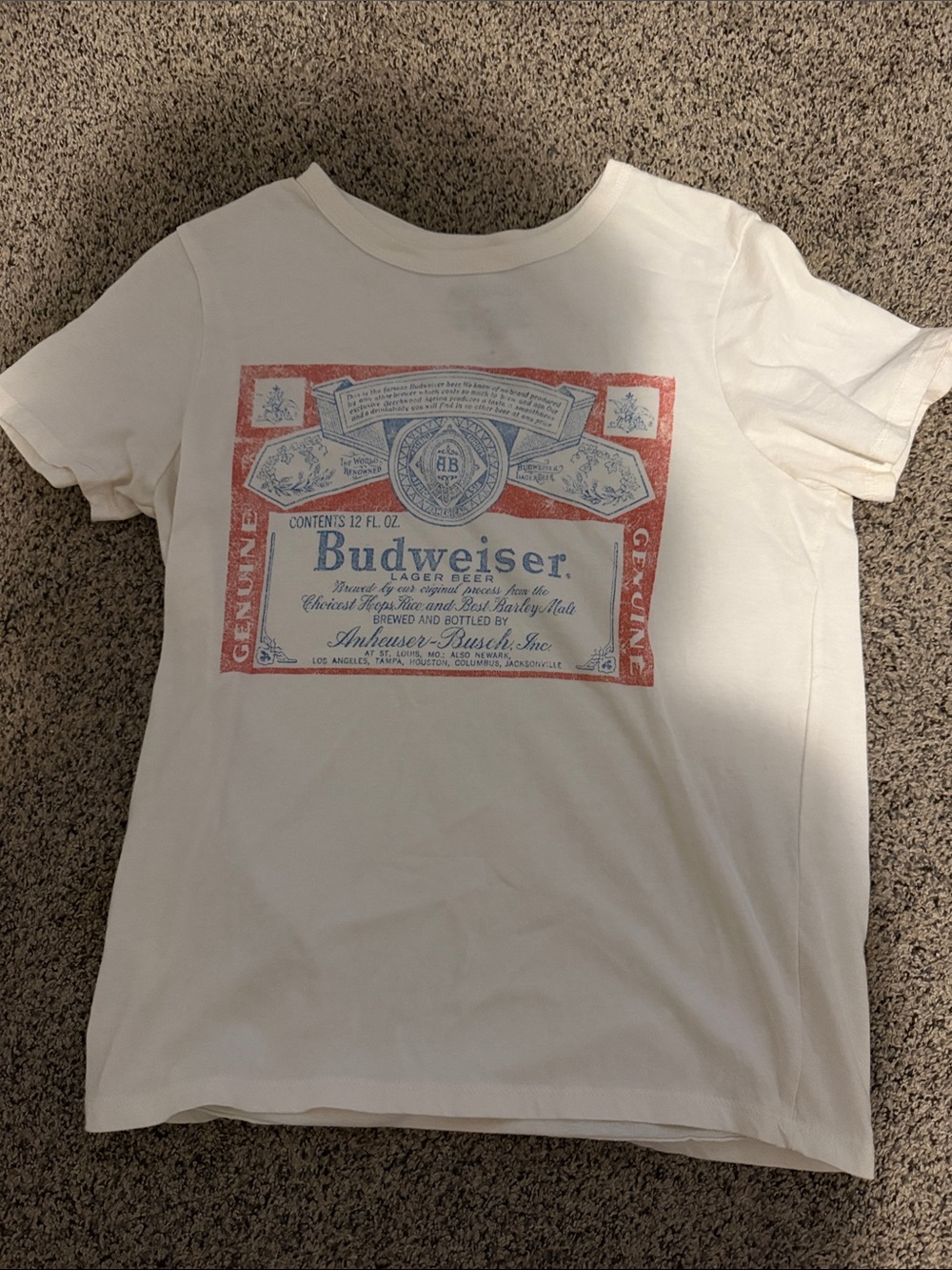 Budweiser White Tee with Red and Faded Blue Label Graphic